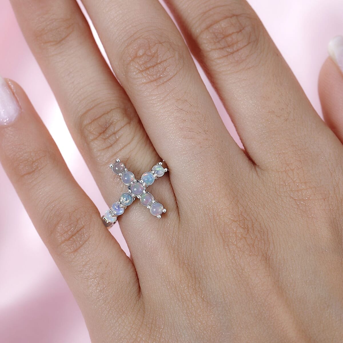 Ethiopian Welo Opal Cross Ring in Platinum Over Sterling Silver (Size 8.0) 0.90 ctw image number 3