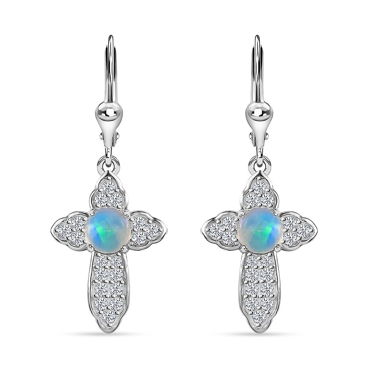 D'Joy Ethiopian Welo Opal and White Zircon Cross Earrings in Platinum Over Sterling Silver 2.25 ctw