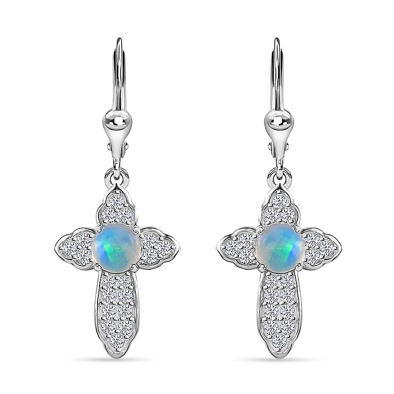 D'Joy Ethiopian Welo Opal and White Zircon Cross Earrings in Platinum Over Sterling Silver 2.25 ctw