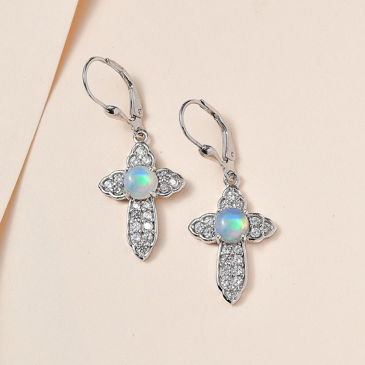 D'Joy Ethiopian Welo Opal and White Zircon Cross Earrings in Platinum Over Sterling Silver 2.25 ctw