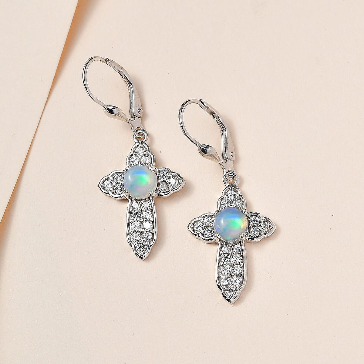 D'Joy Ethiopian Welo Opal and White Zircon Cross Earrings in Platinum Over Sterling Silver 2.25 ctw image number 1