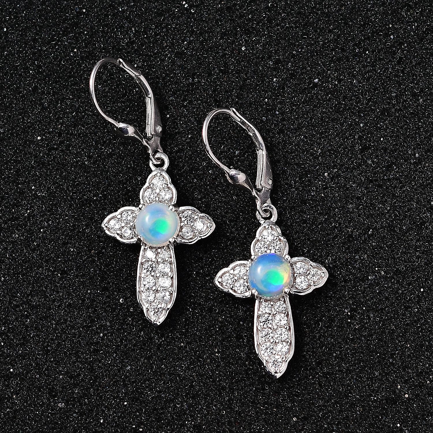 D'Joy Ethiopian Welo Opal and White Zircon Cross Earrings in Platinum Over Sterling Silver 2.25 ctw