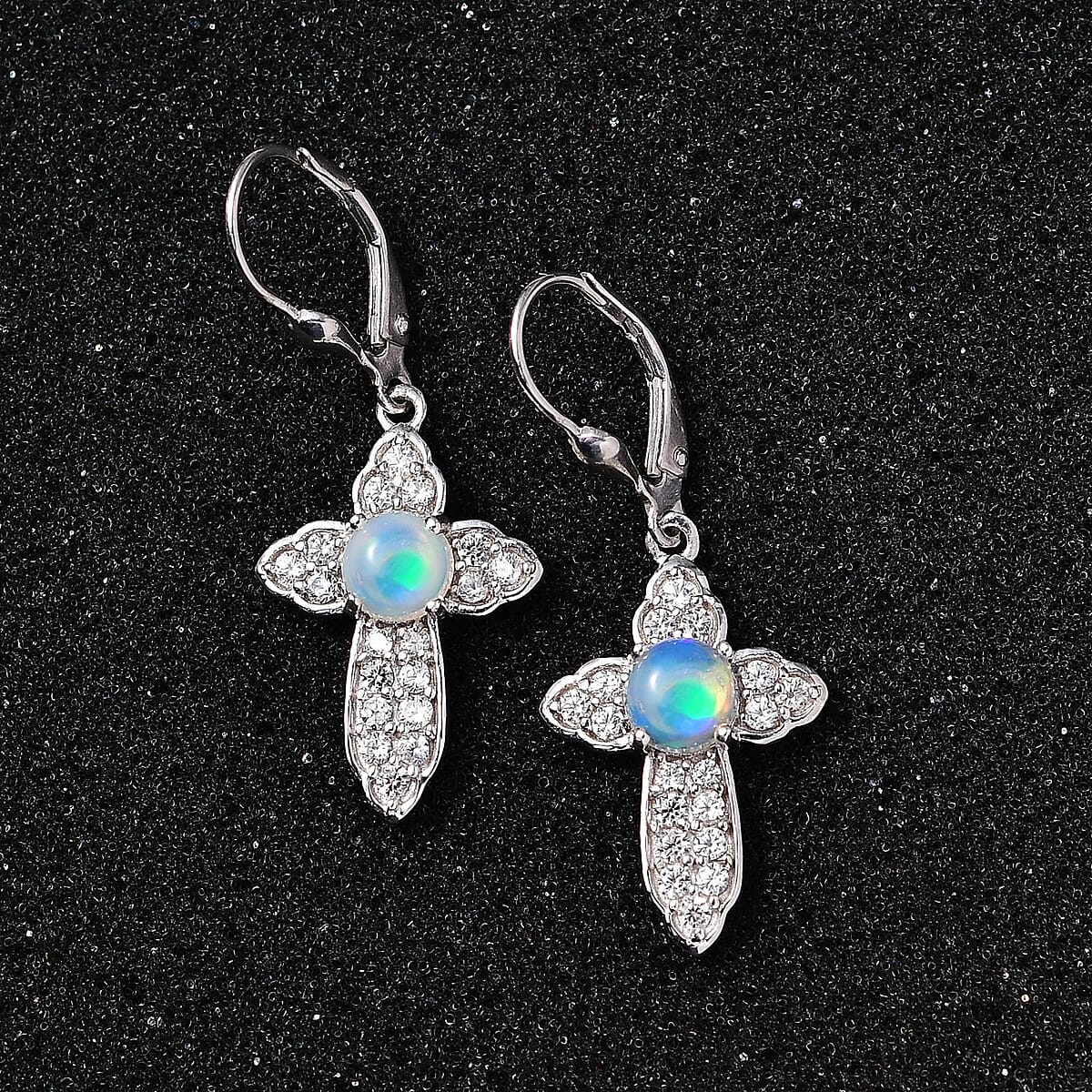 D'Joy Ethiopian Welo Opal and White Zircon Cross Earrings in Platinum Over Sterling Silver 2.25 ctw image number 2