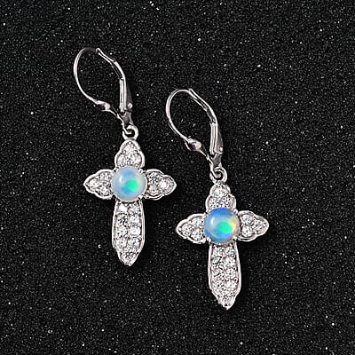 D'Joy Ethiopian Welo Opal and White Zircon Cross Earrings in Platinum Over Sterling Silver 2.25 ctw