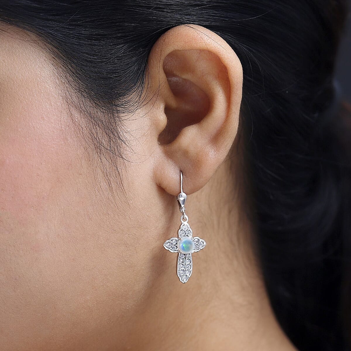 D'Joy Ethiopian Welo Opal and White Zircon Cross Earrings in Platinum Over Sterling Silver 2.25 ctw image number 3