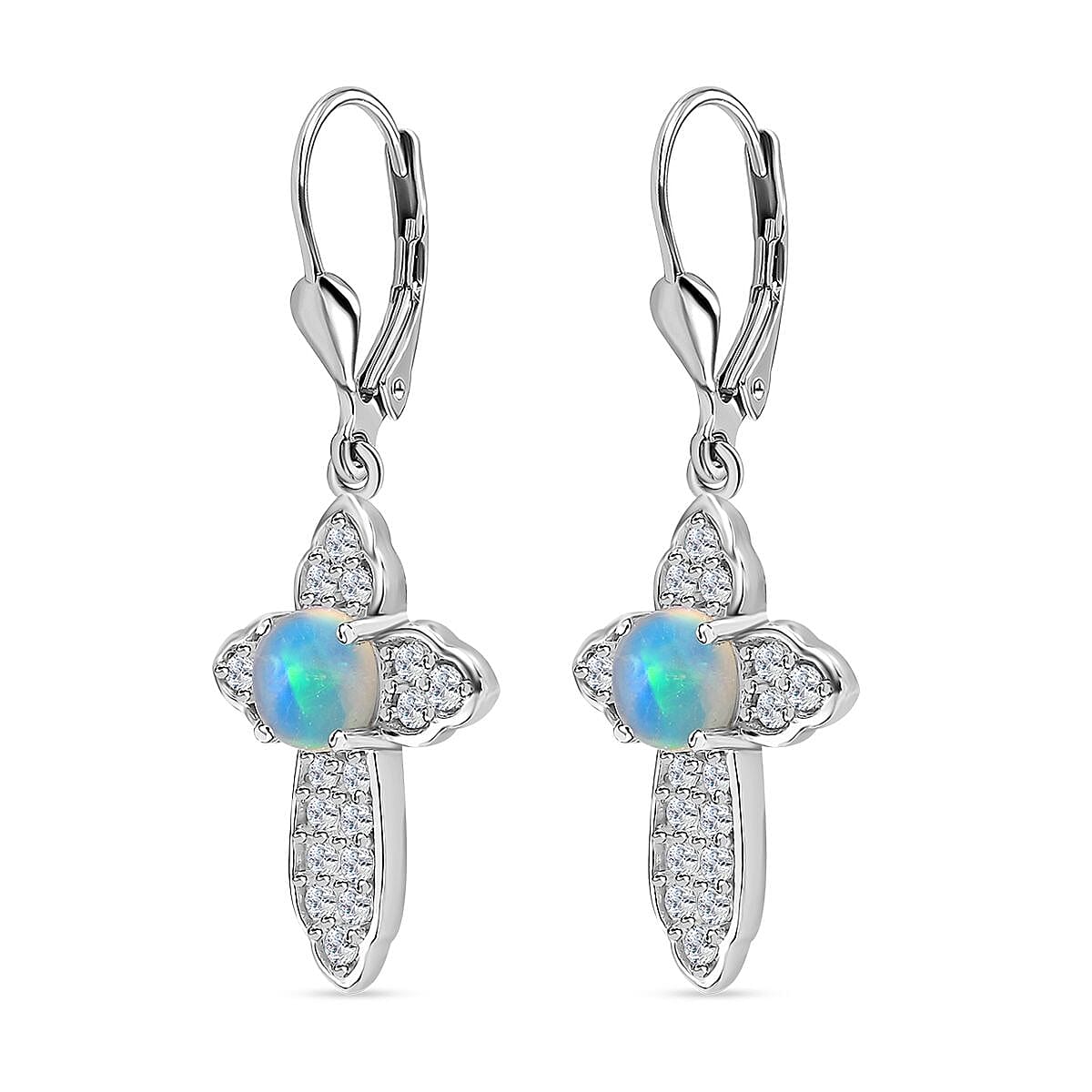 D'Joy Ethiopian Welo Opal and White Zircon Cross Earrings in Platinum Over Sterling Silver 2.25 ctw image number 4