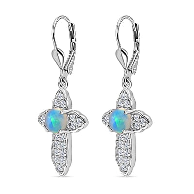 D'Joy Ethiopian Welo Opal and White Zircon Cross Earrings in Platinum Over Sterling Silver 2.25 ctw