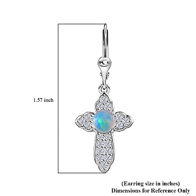 D'Joy Ethiopian Welo Opal and White Zircon Cross Earrings in Platinum Over Sterling Silver 2.25 ctw