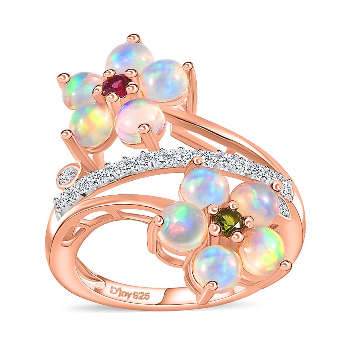 Ethiopian Welo Opal and Multi Gemstone Bypass Floral Ring in Vermeil Rose Gold Over Sterling Silver (Size 10.0) 2.15 ctw