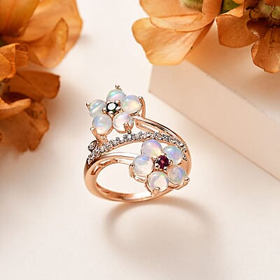 Ethiopian Welo Opal and Multi Gemstone Bypass Floral Ring in Vermeil Rose Gold Over Sterling Silver (Size 10.0) 2.15 ctw