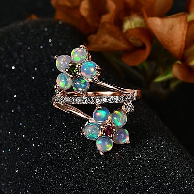 Ethiopian Welo Opal and Multi Gemstone Bypass Floral Ring in Vermeil Rose Gold Over Sterling Silver (Size 10.0) 2.15 ctw