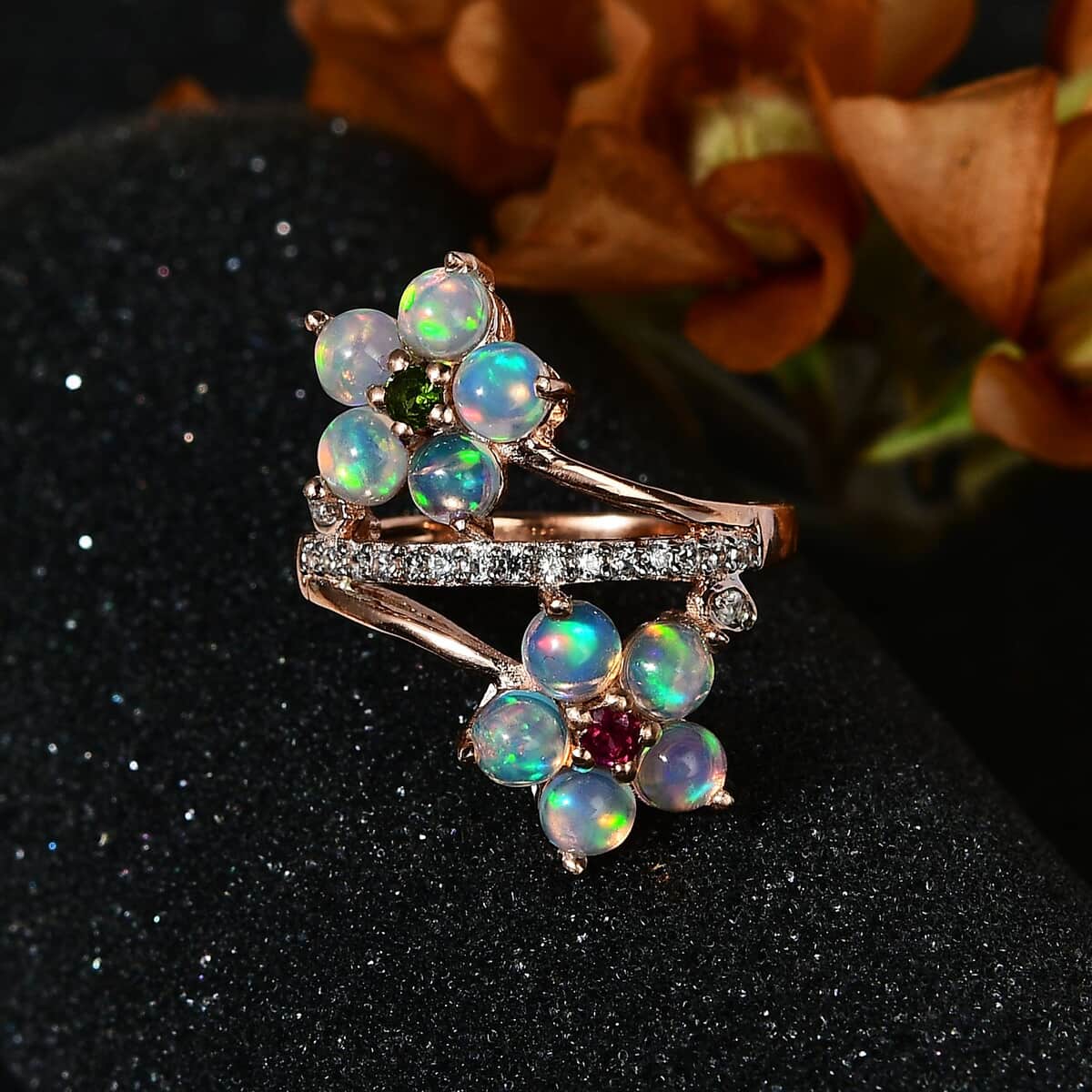 Ethiopian Welo Opal and Multi Gemstone Bypass Floral Ring in Vermeil Rose Gold Over Sterling Silver (Size 10.0) 2.15 ctw image number 2