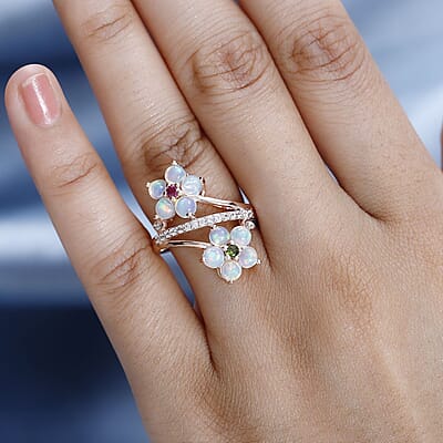 Ethiopian Welo Opal and Multi Gemstone Bypass Floral Ring in Vermeil Rose Gold Over Sterling Silver (Size 10.0) 2.15 ctw