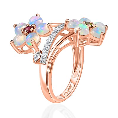 Ethiopian Welo Opal and Multi Gemstone Bypass Floral Ring in Vermeil Rose Gold Over Sterling Silver (Size 10.0) 2.15 ctw