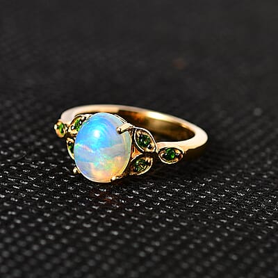 Ethiopian Welo Opal and Chrome Diopside Ring in Vermeil Yellow Gold Over Sterling Silver (Size 10.0) 1.25 ctw