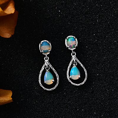 Ethiopian Welo Opal Dangle Earrings in Platinum Over Sterling Silver 1.00 ctw