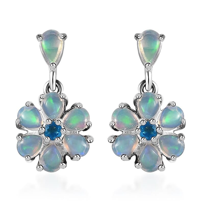 Ethiopian Welo Opal and Malgache Neon Apatite Floral Earrings in Platinum Over Sterling Silver 1.60 ctw