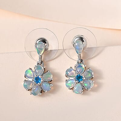 Ethiopian Welo Opal and Malgache Neon Apatite Floral Earrings in Platinum Over Sterling Silver 1.60 ctw