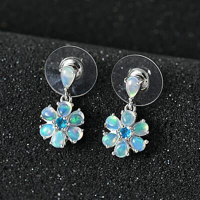 Ethiopian Welo Opal and Malgache Neon Apatite Floral Earrings in Platinum Over Sterling Silver 1.60 ctw