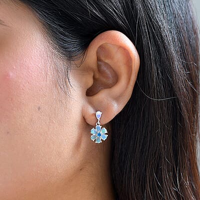 Ethiopian Welo Opal and Malgache Neon Apatite Floral Earrings in Platinum Over Sterling Silver 1.60 ctw