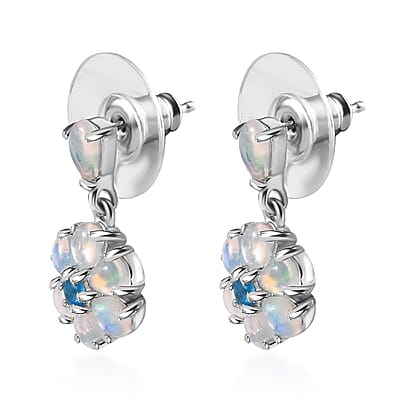 Ethiopian Welo Opal and Malgache Neon Apatite Floral Earrings in Platinum Over Sterling Silver 1.60 ctw