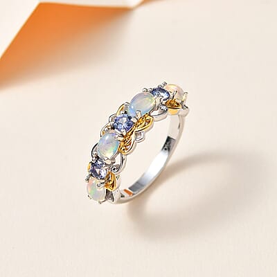 Ethiopian Welo Opal and Tanzanite Ring in Vermeil YG and Platinum Over Sterling Silver (Size 10.0) 1.00 ctw