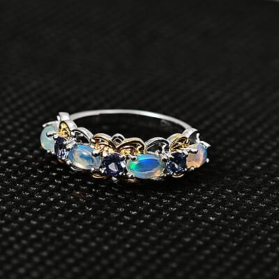 Ethiopian Welo Opal and Tanzanite Ring in Vermeil YG and Platinum Over Sterling Silver (Size 10.0) 1.00 ctw