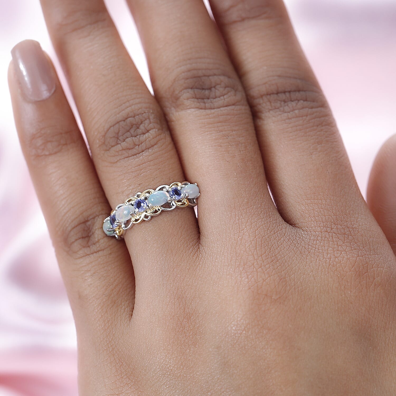 Ethiopian Welo Opal and Tanzanite Ring in Vermeil YG and Platinum Over Sterling Silver (Size 10.0) 1.00 ctw