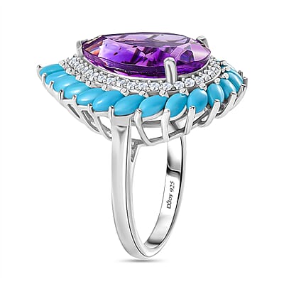 Moroccan Amethyst and Multi Gemstone Floral Ring in Platinum Over Sterling Silver (Size 10.0) 10.40 ctw