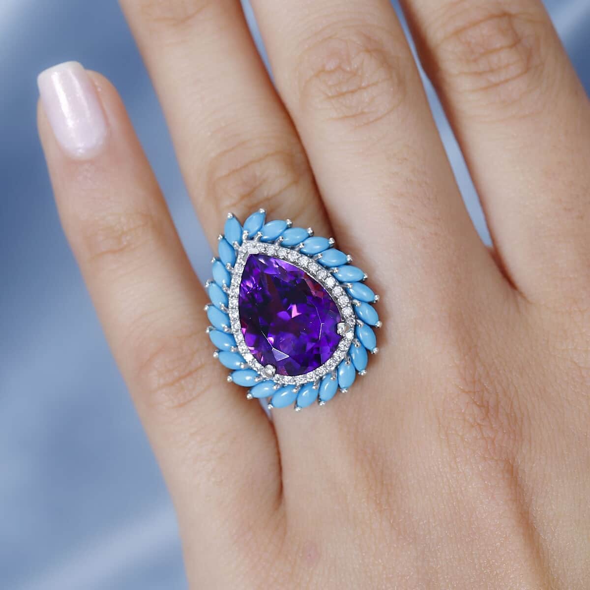 Moroccan Amethyst and Multi Gemstone 10.40 ctw Floral Ring in Platinum Over Sterling Silver (Size 6.0) image number 2