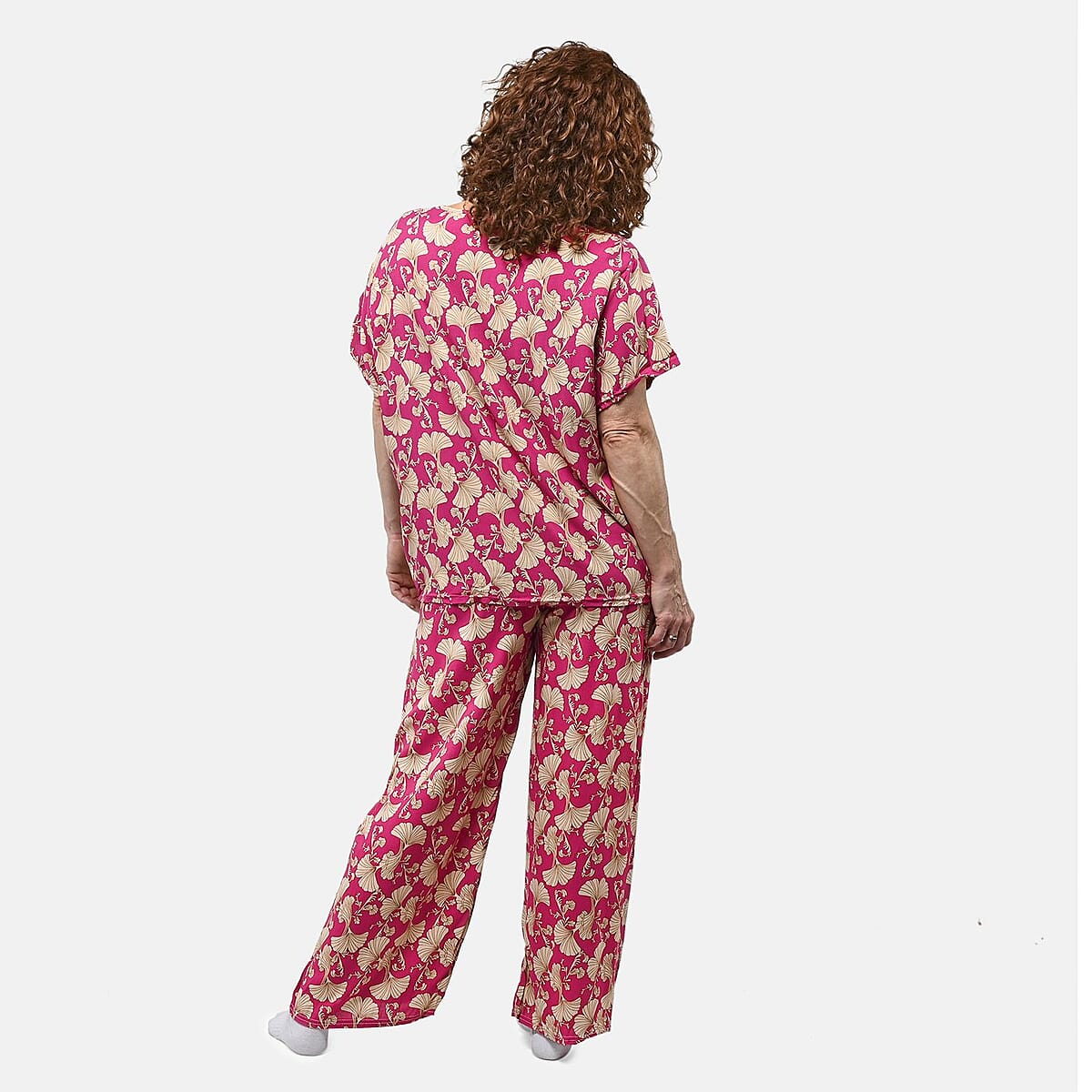 Tamsy Pink Ginkgo 2 Piece Lounge Set with Wide Leg Pants - One Size Fits Most image number 1