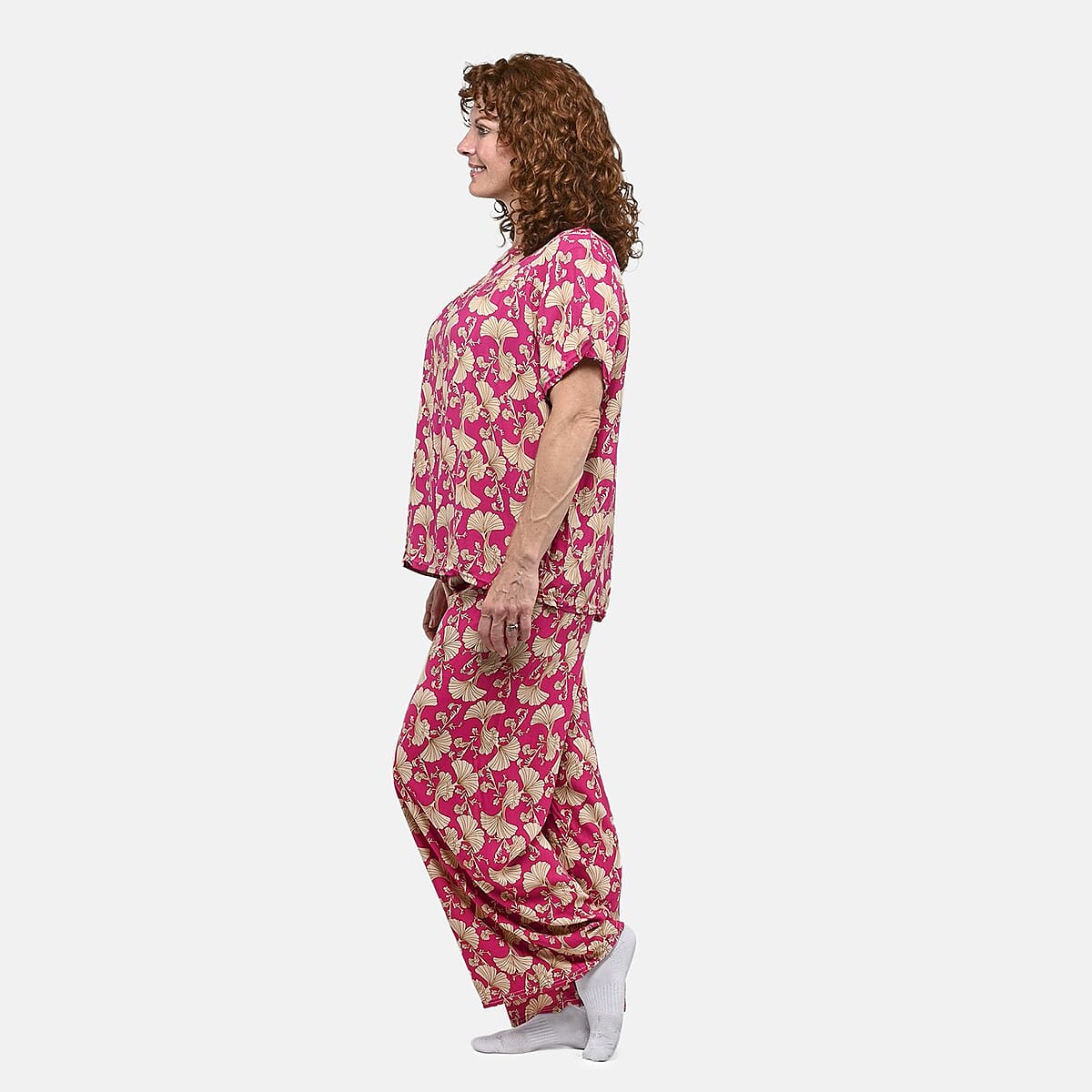 Tamsy Pink Ginkgo 2 Piece Lounge Set with Wide Leg Pants - One Size Fits Most image number 2