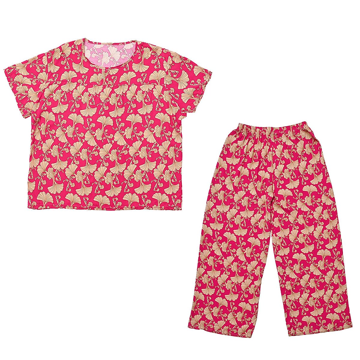 Tamsy Pink Ginkgo 2 Piece Lounge Set with Wide Leg Pants - One Size Fits Most image number 4