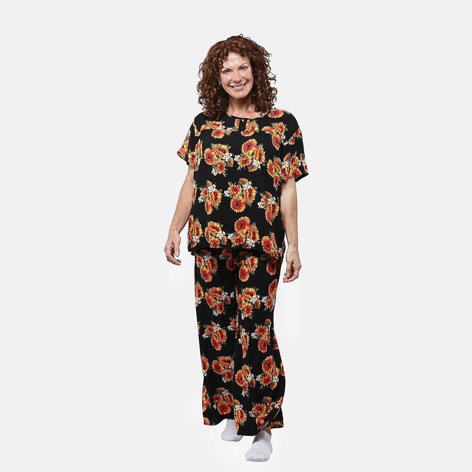 Buy Tamsy Black Daisy 2 Piece Lounge Set with Wide Leg Pants - One