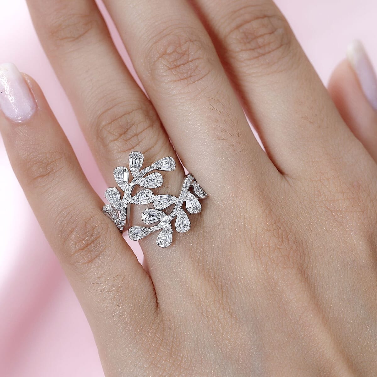 GP Diamond Bypass Ring in Platinum Over Sterling Silver (Size 10.0) 1.00 ctw image number 2