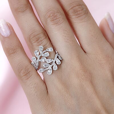 GP Italian Garden Collection Diamond Bypass Ring in Platinum Over Sterling Silver (Size 6.0) 1.00 ctw