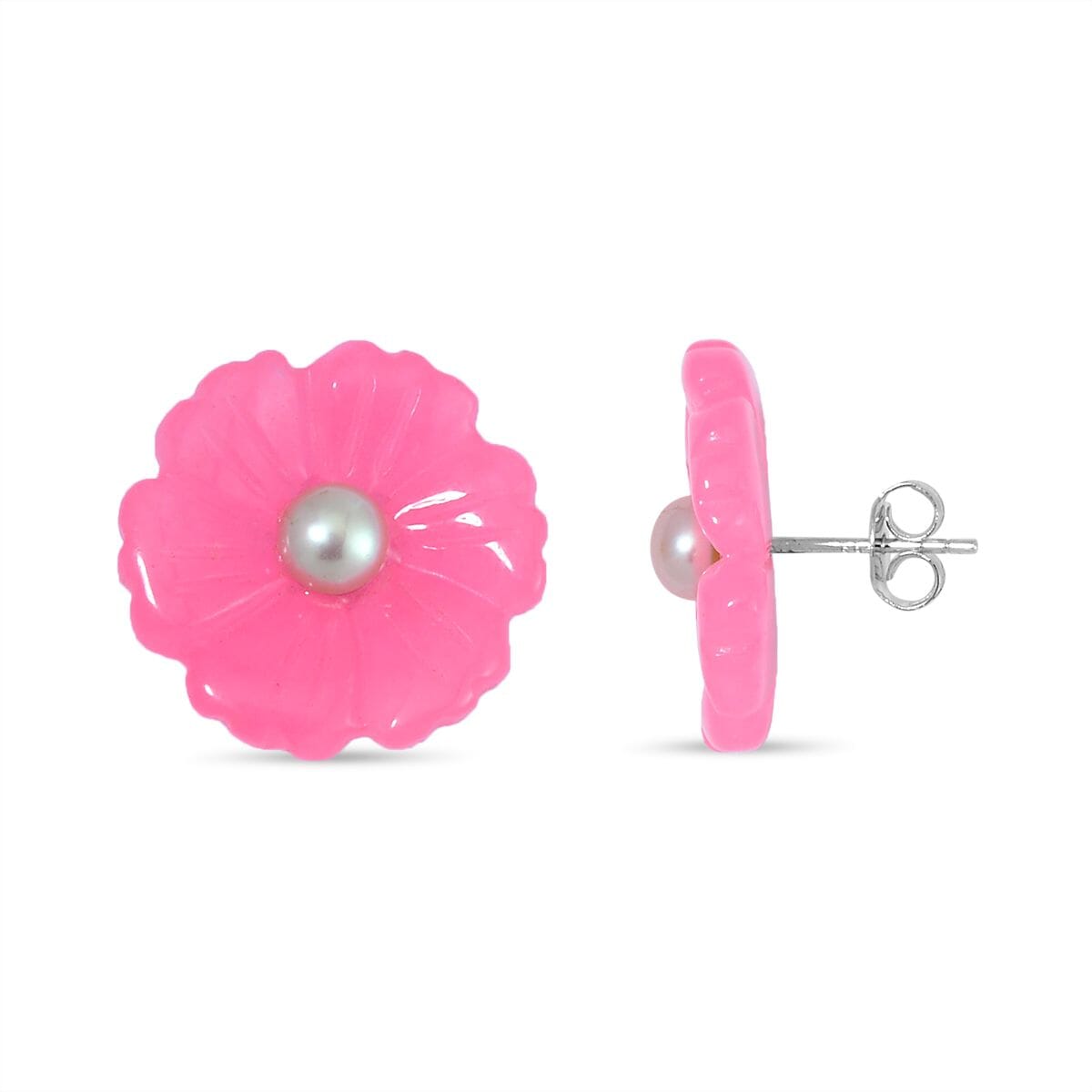 Pink Jade (D) Carved Flower and Peach Freshwater Cultured Pearl Floral Stud Earrings in Rhodium Over Sterling Silver 25.00 ctw image number 0