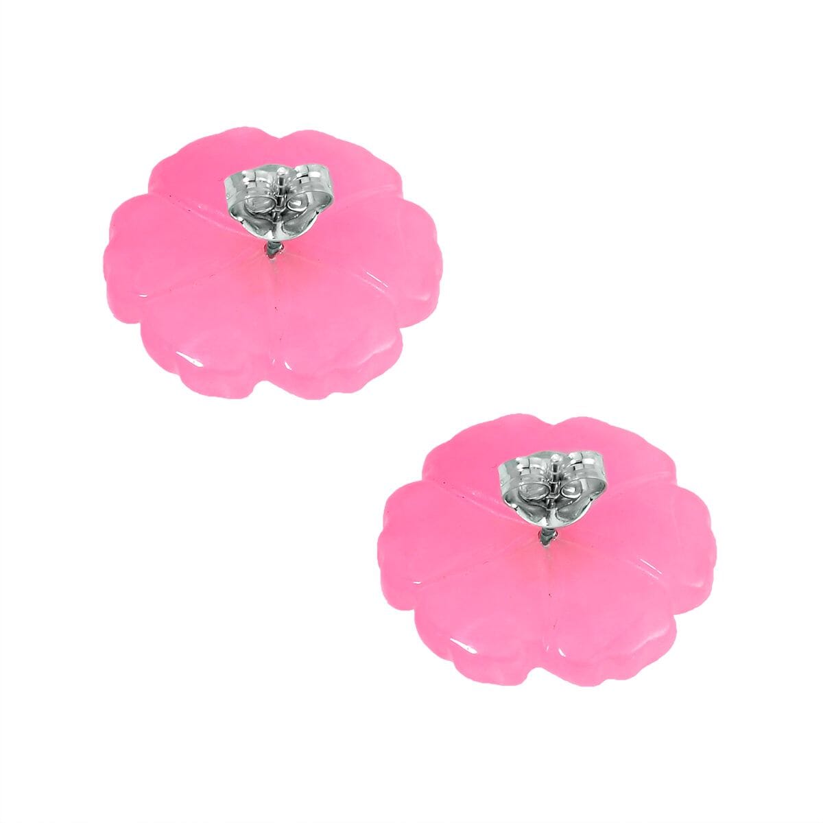 Pink Jade (D) Carved Flower and Peach Freshwater Cultured Pearl Floral Stud Earrings in Rhodium Over Sterling Silver 25.00 ctw image number 4