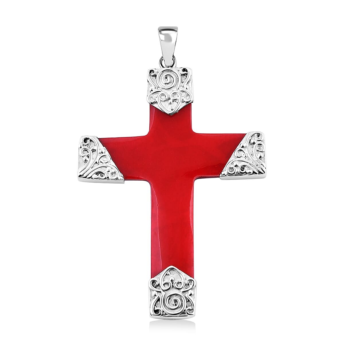 Bali Legacy Red Coral Cross Pendant without Chain in Sterling Silver