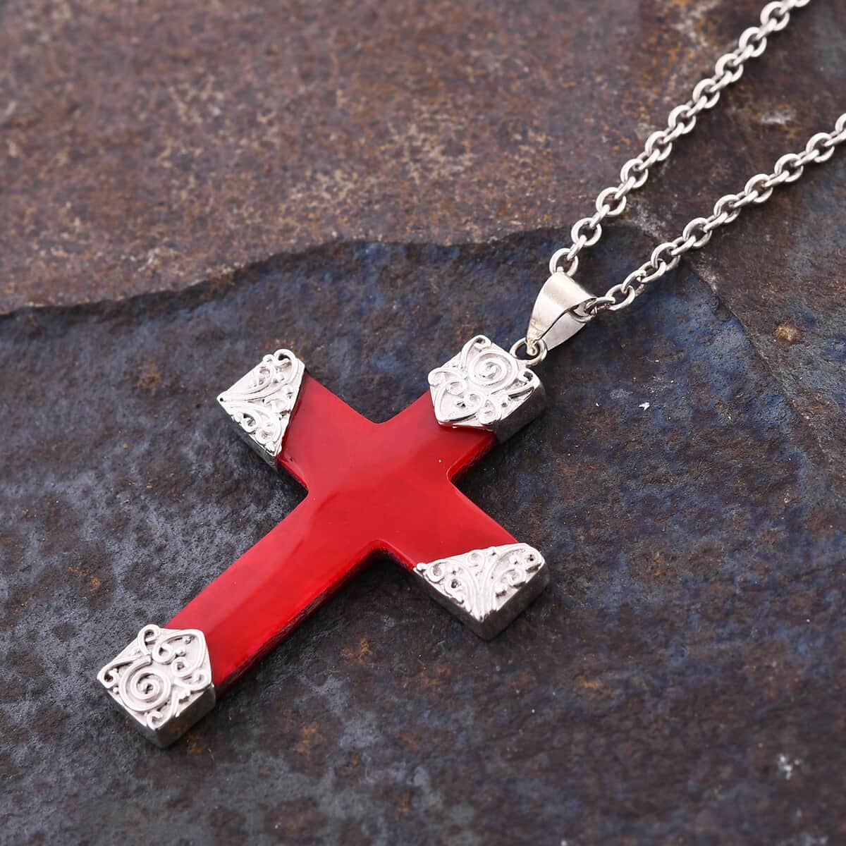 Bali Legacy Red Coral Cross Pendant in Sterling Silver image number 1