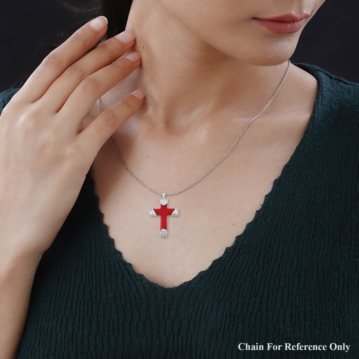 Bali Legacy Red Coral Cross Pendant in Sterling Silver image number 2