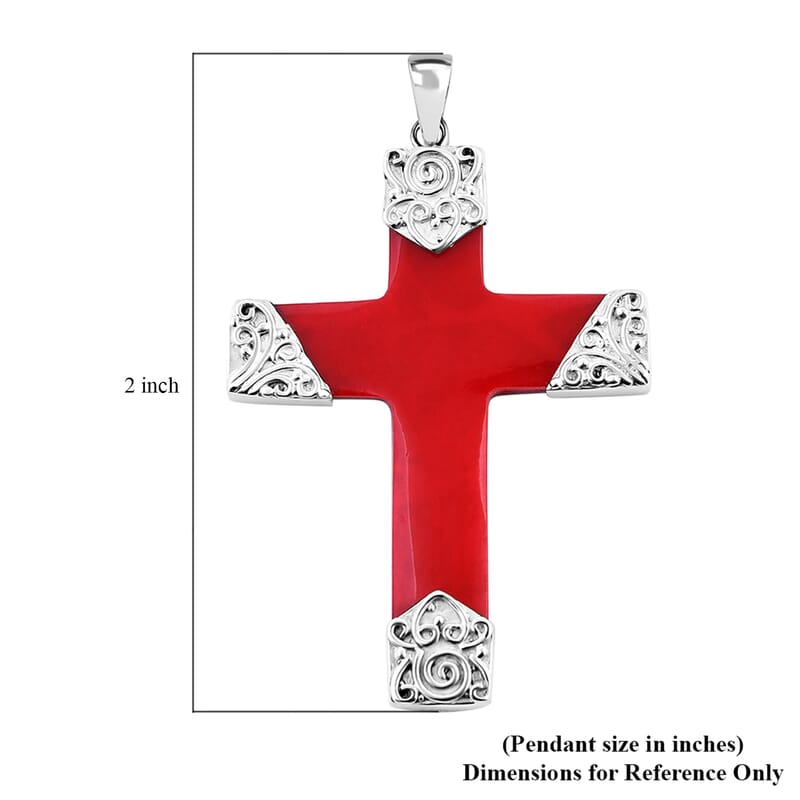 Bali Legacy Red Coral Cross Pendant without Chain in Sterling Silver