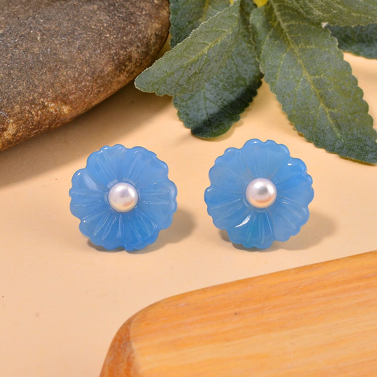 Blue Jade (D) Carved Flower and Freshwater Cultured Pearl Floral Stud Earrings in Rhodium Over Sterling Silver 25.00 ctw image number 1