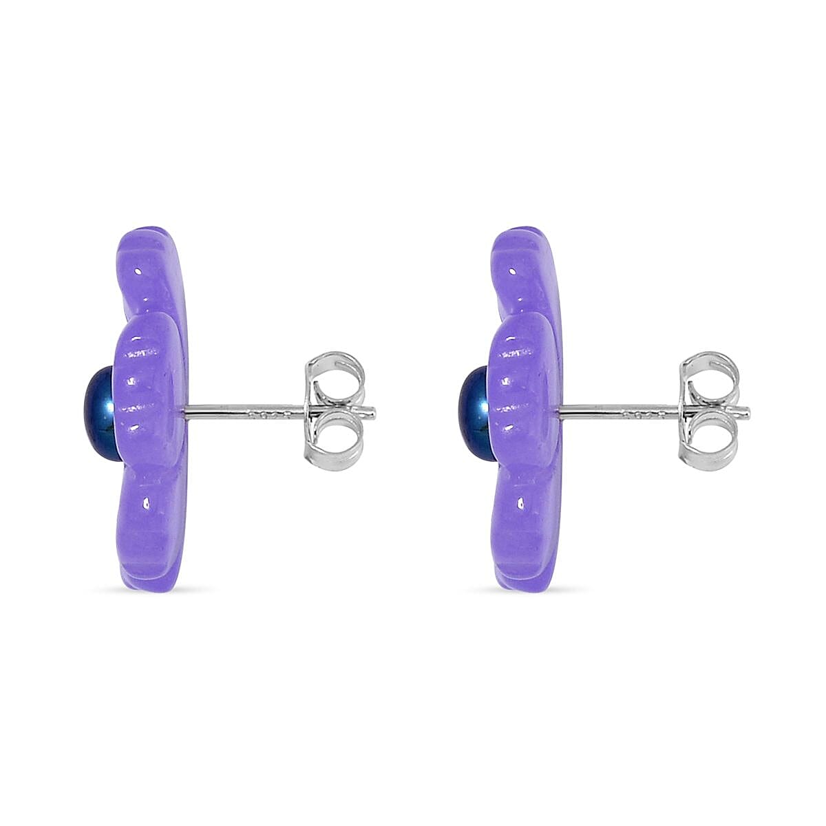 Purple Jade (D) Carved Flower and Peacock Freshwater Cultured Pearl Floral Stud Earrings in Rhodium Over Sterling Silver 25.00 ctw image number 3