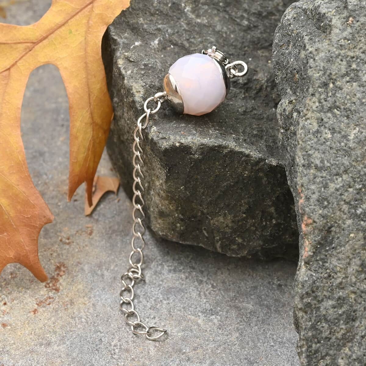 Pink Glass Magnetic Lock 2Inch Extender Chain with 5mm Ring Lock in Rhodium Over Sterling Silver image number 1