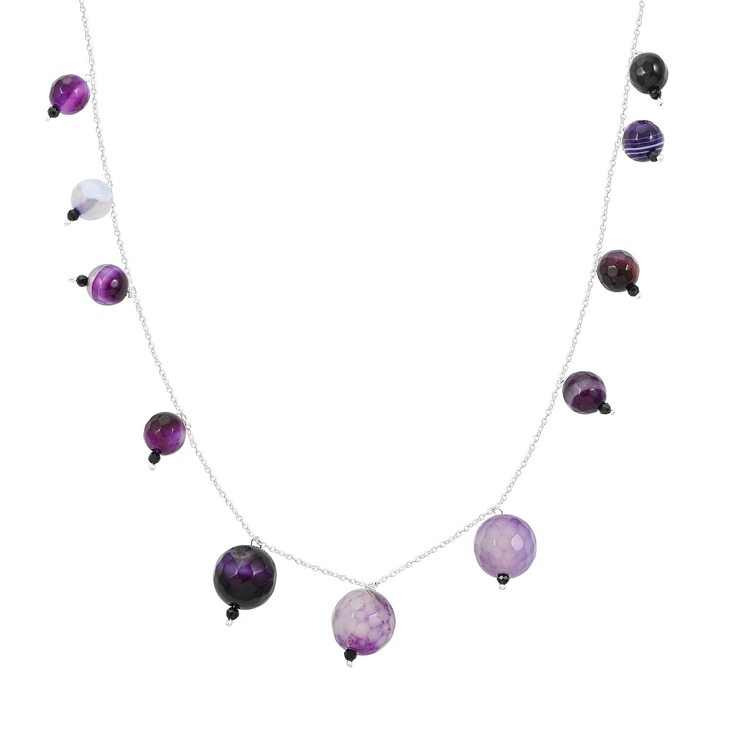 Purple Agate and Thai Black Spinel Beaded Necklace 18 Inches in Sterling Silver 97.95 ctw