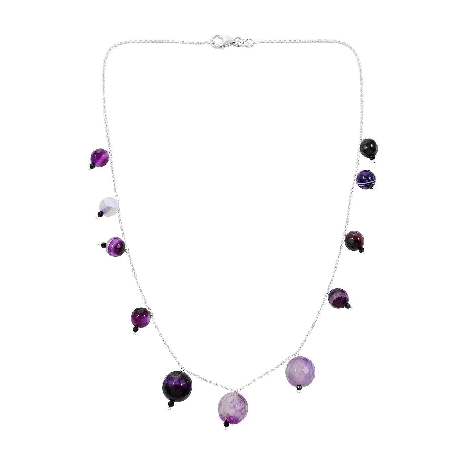 Purple Agate and Thai Black Spinel Beaded Necklace 18 Inches in Sterling Silver 97.95 ctw