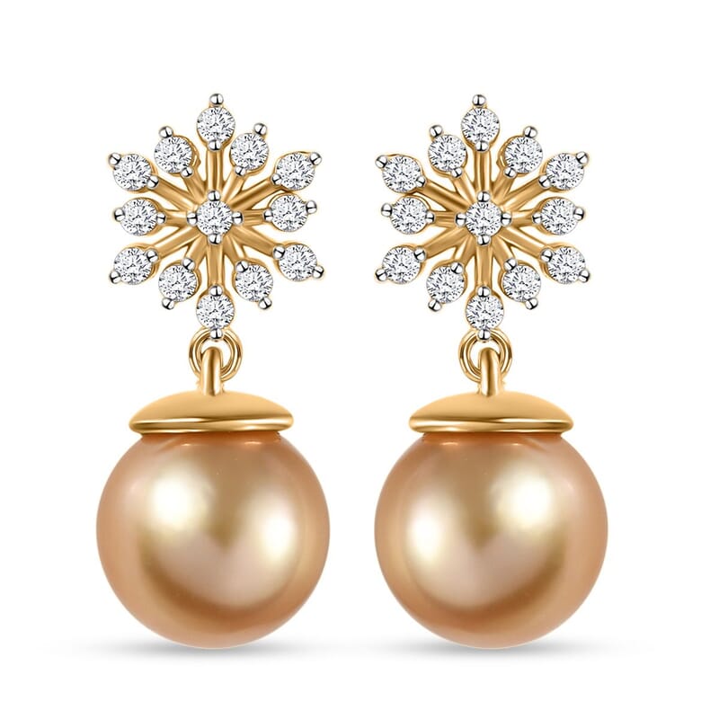 South Sea Golden Pearl 9-10mm and Moissanite Dangling Earrings in Vermeil Yellow Gold Over Sterling Silver 0.50 ctw