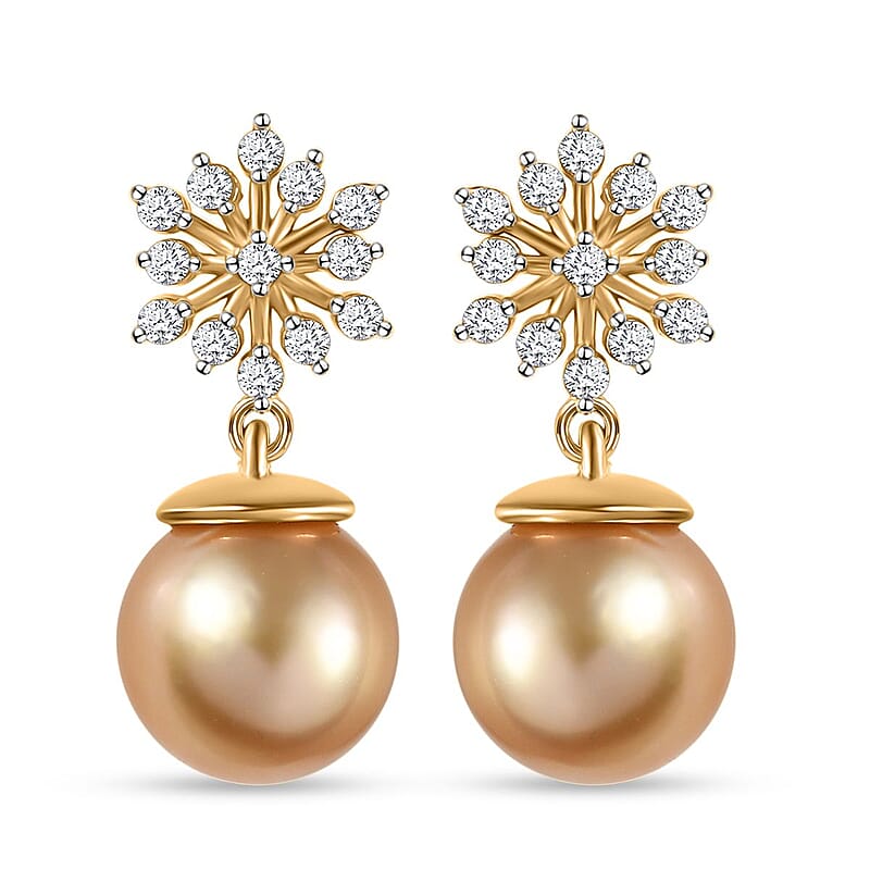 South Sea Golden Pearl 9-10mm and Moissanite Dangling Earrings in Vermeil Yellow Gold Over Sterling Silver 0.50 ctw