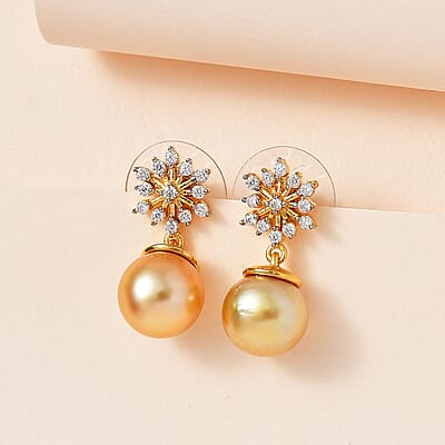 South Sea Golden Pearl 9-10mm and Moissanite Dangling Earrings in Vermeil Yellow Gold Over Sterling Silver 0.50 ctw